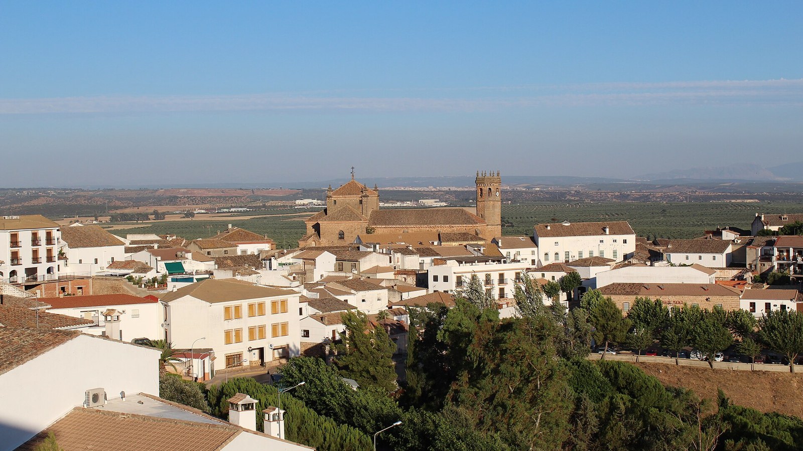 Los tejados de Baños de la Encina con la iglesia de San Mateo y la campiña olivarera al fondo
