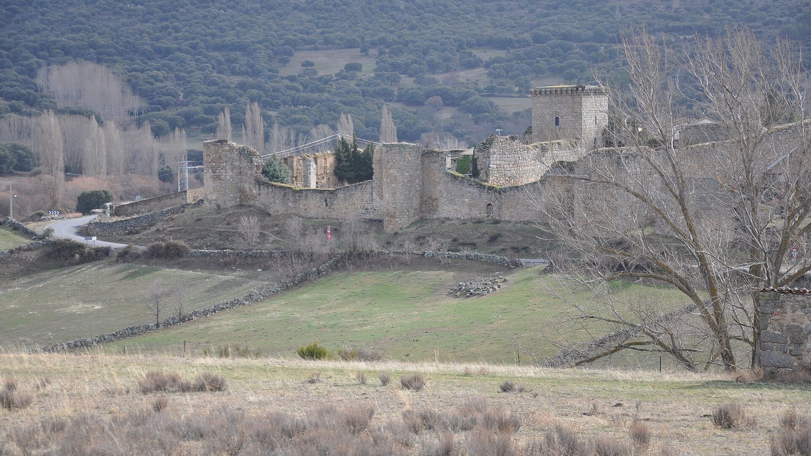 Bonilla de la Sierra dentro de su recinto amurallado, con el castillo y la iglesia sobre el valle del Corneja