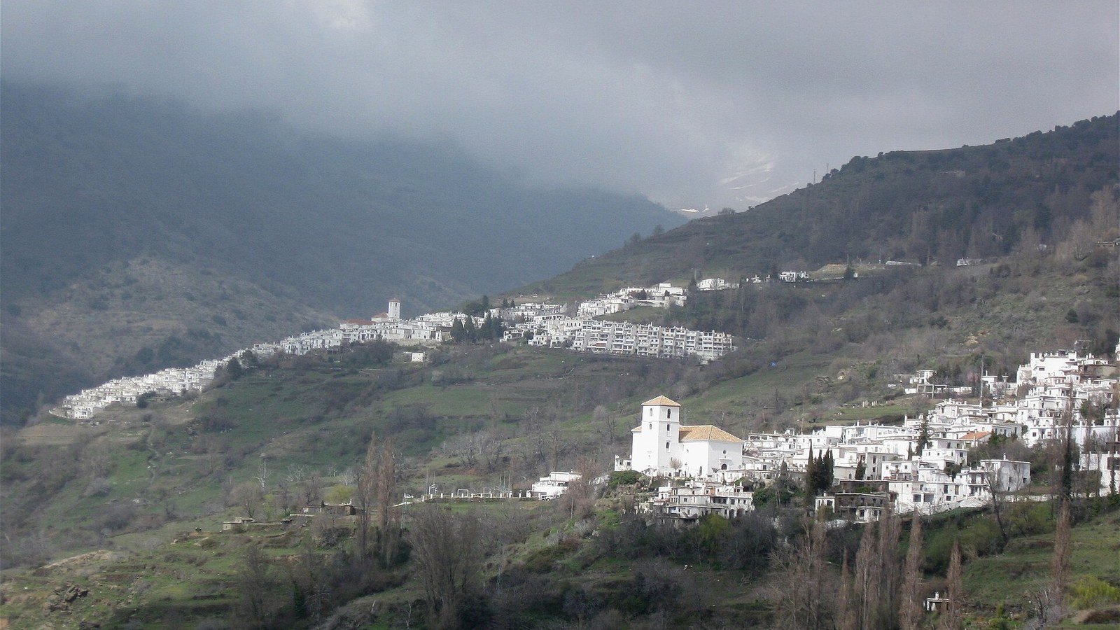 Bubión y, más arriba en la ladera, Capileira, los dos blancos sobre el barranco de Poqueira