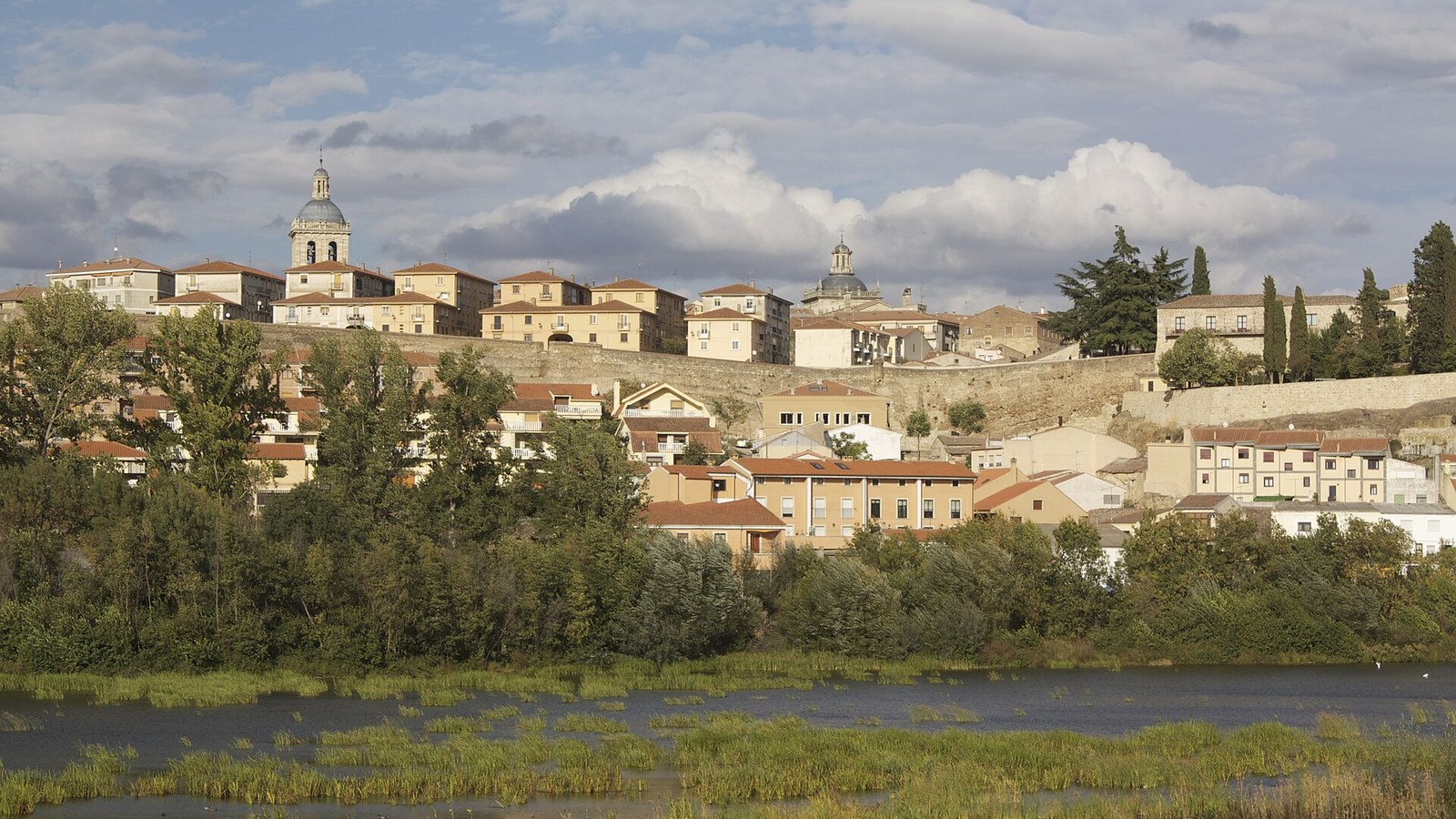 Ciudad Rodrigo amurallada sobre el río Águeda, con la torre de la catedral entre los tejados