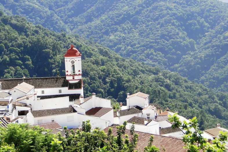 El pueblo blanco de Genalguacil con su torre y el bosque del Valle del Genal detras