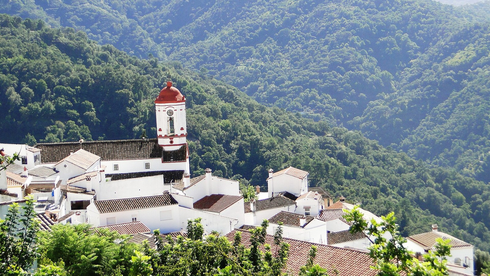 El pueblo blanco de Genalguacil con su torre y el bosque del Valle del Genal detras