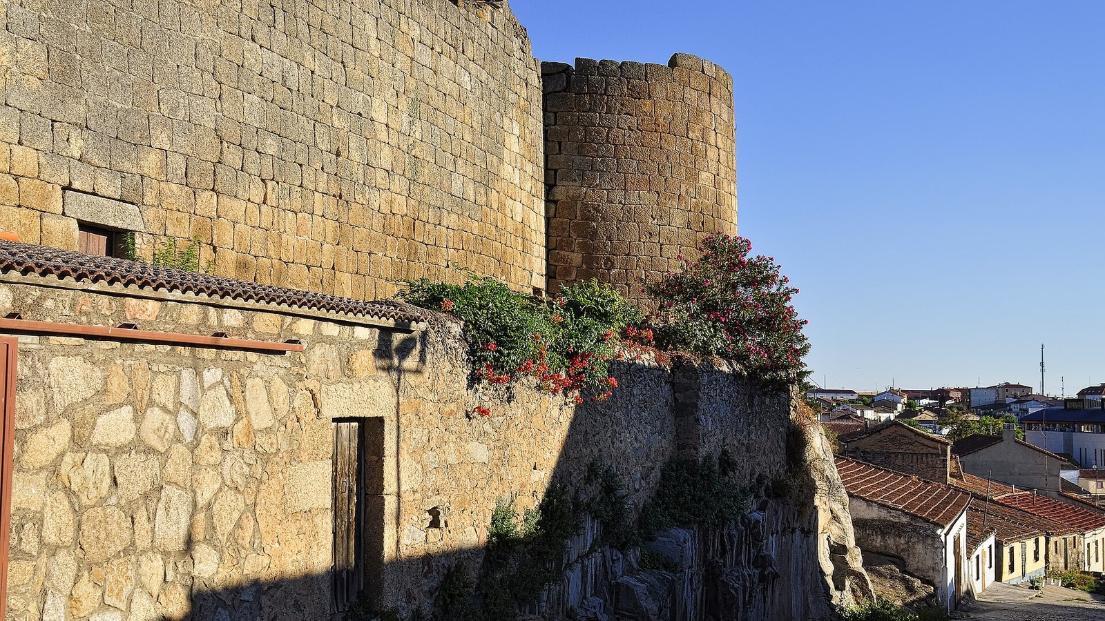 El lienzo de muralla y la torre de la fortaleza de Ledesma sobre las casas