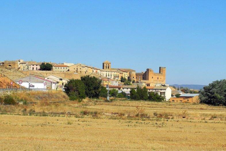 Monteagudo de las Vicarías sobre los campos de cereal, con el castillo dominando el caserío