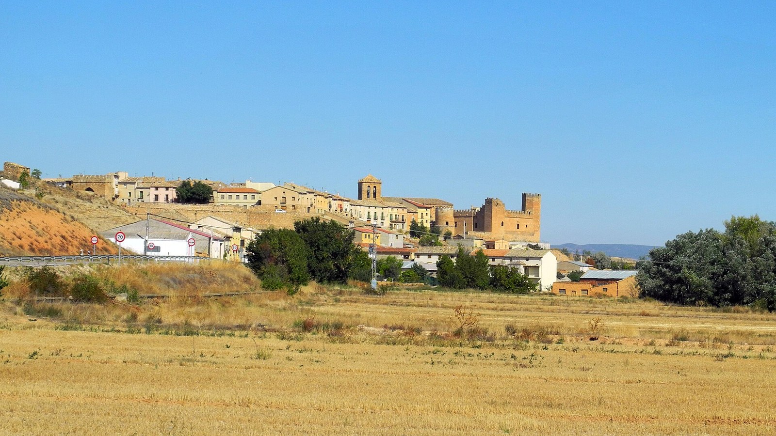 Monteagudo de las Vicarías sobre los campos de cereal, con el castillo dominando el caserío