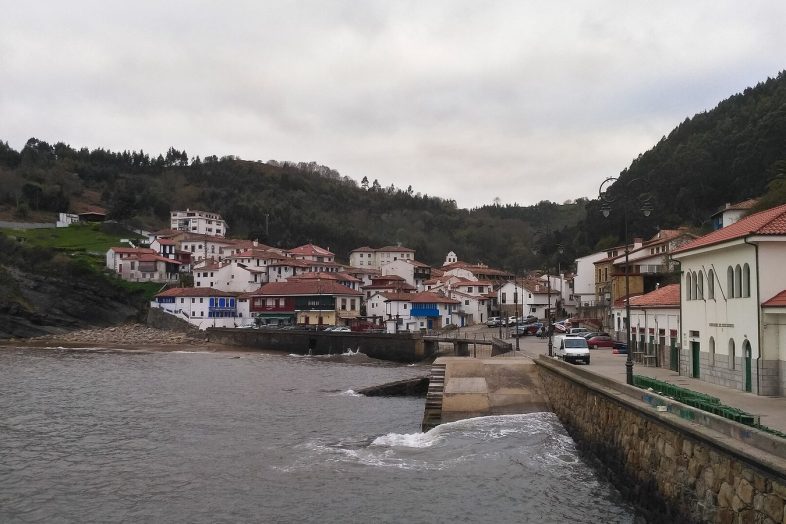 El pueblo de Tazones a lo largo del puerto, con las casas de colores sobre la ría
