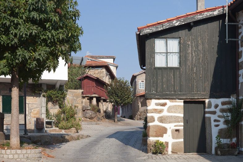 Calle de Vilanova dos Infantes con casas de piedra, horreos y un castano